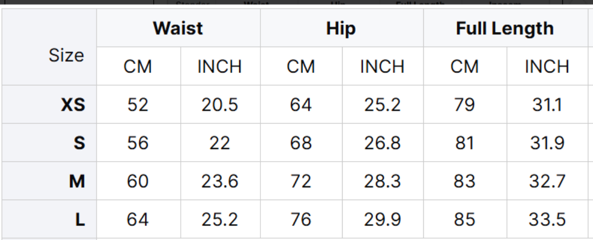 Table displaying waist, hip, and full length measurements in centimeters and inches for different size categories.