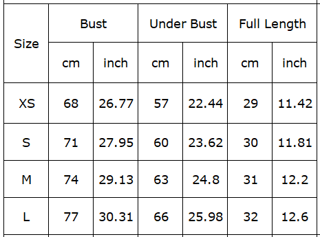Table displaying measurements for bust, under bust, and full length in centimeters and inches across XS, S, M, and L sizes.