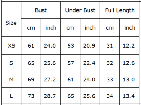 Measurement chart for clothing sizes XS, S, M, L with bust, under bust, and full length measurements in centimeters and inches.