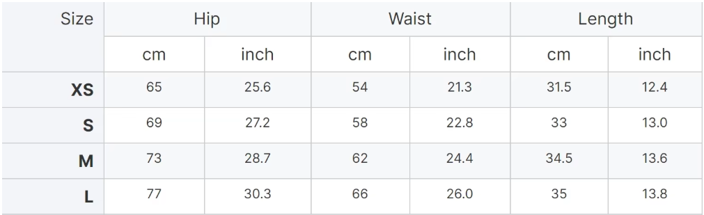Table displaying measurements for hip, waist, and length in centimeters and inches for different sizes.