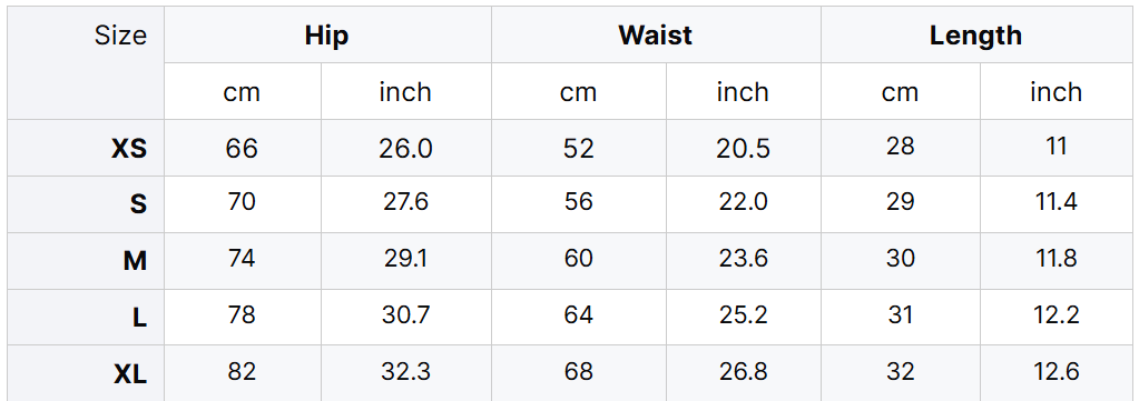 Table displaying size chart for hip, waist, and length measurements in centimeters and inches.
