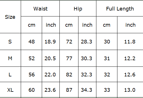 Size chart for waist, hip, and full length measurements in centimeters and inches.